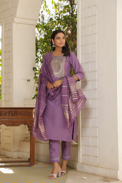 Beautiful and Simple Embroidered Kurta set With Bottom and Dupatta