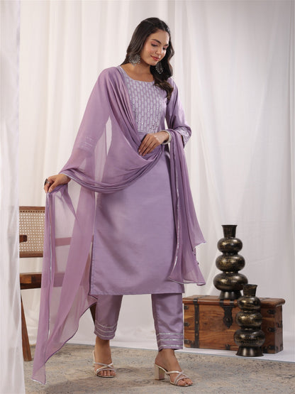 Embroidered Straight Kurta with Trousers & And Dupatta