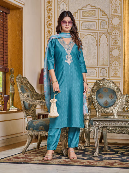 Embroidered Chanderi Kurti With Pant & Dupatta Set